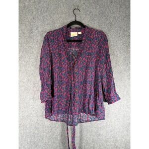 Maeve by Anthropologie Blouse Women 2 Purple Floral Relax Tie neck Boho Career‎